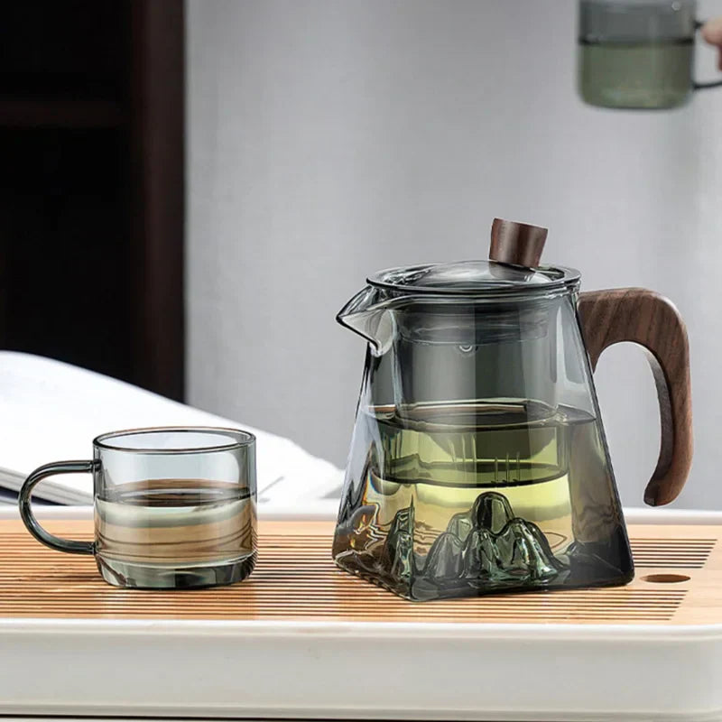 DecorBites™ Glass Teapot with Wood Handle, Heat Resistant Kung Fu Tea Kettle, Transparent Teaware